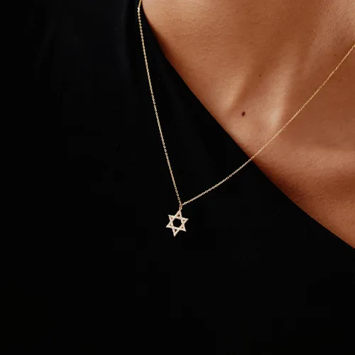 Vista 2 de Collar con diamantes de oro macizo de 14 quilates con estrella de David para mujer, collar con dije de estrella de diamante de oro real de 14