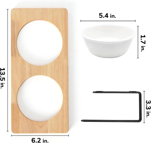 Vista 3 de FUKUMARU - Cuencos de cerámica elevados para gatos, cuencos con una inclinación de 15º para agua y comida en soporte de madera, juego para gatos