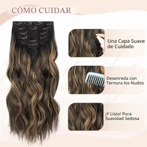 Vista 7 de Fliace Extensiones de cabello sintético con clip, 6 piezas de cabello natural y suave que se mezcla bien, extensiones de cabello ondulado largo
