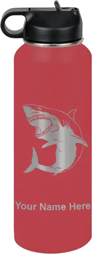 Vista 10 de LaserGram Botella de agua personalizada, gran tiburón blanco, acero inoxidable de doble pared aislada al vacío con popote superior, regalo grabado