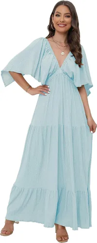 Vista 2 de SUNNOW Vestido largo de verano para mujer, talla grande, holgado, cuello en V, escalonado, manga con volantes, vestido de playa bohemio
