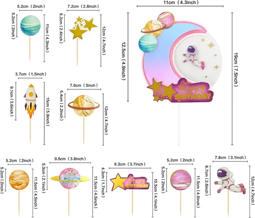 Vista 2 de Ercadio 1 pieza de decoración para tartas de niña espacial, luna, estrella, cohete, planeta, decoración de pasteles, espacio de feliz cumpleaños