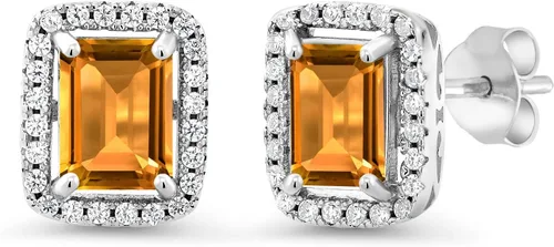Vista 54 de Gem Stone King Aretes de plata de ley 925 con piedra natal Corte esmeralda de 0.315 x 0.236 in Aretes de halo para mujer