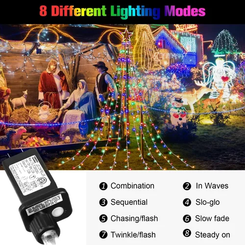 Vista 2 de Decoraciones Navideñas para Exteriores Luces de Cadena de Estrellas, 317 LED 11.5 pies Luces de Árbol Cascada Impermeables con 8 Modos de Varios