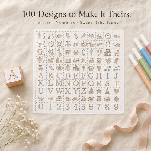 Vista 4 de Nolia Juego de plantillas para bloques de baby shower, 100 plantillas reutilizables de letras, números e iconos para decorar bloques de madera