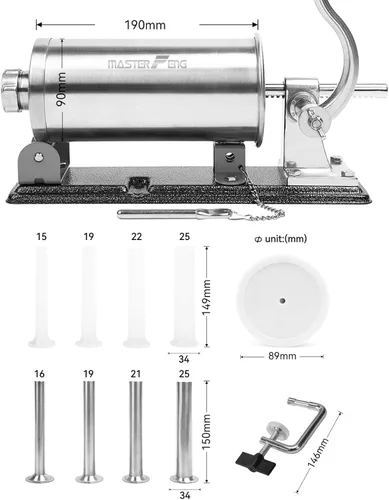 Vista 2 de 2.5 LBS Sausage Stuffer Horizontal Stainless Steel Stuffing Maker Machine Packed with 8 Stuffing Funnels and 1 Silicone Piston