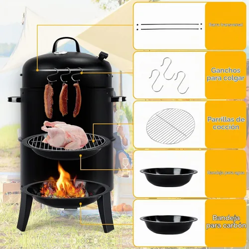 Vista 7 de Parrilla vertical para ahumar carbón de 32 pulgadas, parrilla de barbacoa resistente con termómetro integrado, parrilla 3 en 1 y ahumador, olla