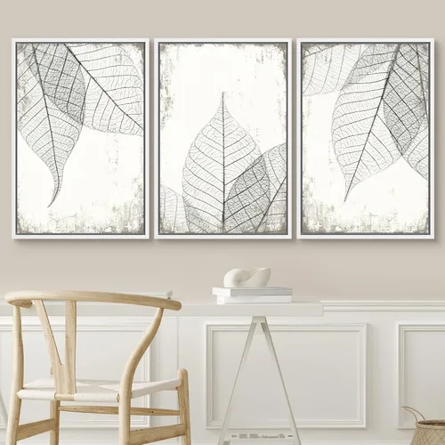 Vista 137 de SIGNWIN Lienzo enmarcado para pared, juego de arte de collage de hojas transparentes en blanco y negro, ilustraciones de naturaleza silvestre, arte