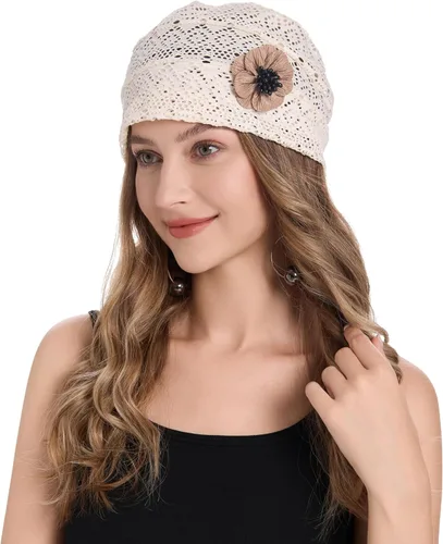 Vista 9 de ZLYC Gorro de verano para mujer, gorro elástico de quimioterapia con flores Blanco floral