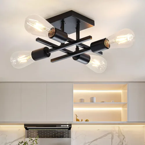 Vista 7 de Lámpara industrial de techo semiempotrada de 4 luces, lámpara de araña negra de granja, moderna lámpara de techo Sputnik con base E26 para cocina