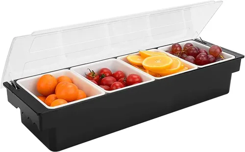 Vista 7 de Bandeja con tapa para frutas, verduras y condimentos con estación de guarnición para bartending y servicio de tacos (2, 3 compartimentos)