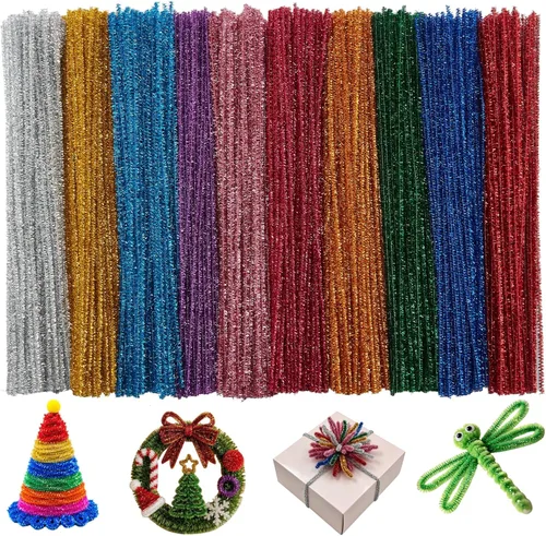 Vista 10 de Limpiapipas Suministros de Artesanía Tallos de chenilla para manualidades de bricolaje Purpurina dorada+plata