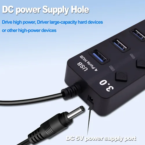 Vista 6 de Hub USB 3.0 de 4 puertos multifuncional 1 a 4 divisor de transferencia de datos de 5 Gbps USB 3.0 extensor con interruptores de alimentación LED