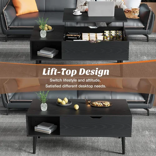 Vista 4 de [Usado] Sweetcrispy Mesa de centro elevable negra para sala de estar, mesas centrales de comedor de madera con estante de almacenamiento
