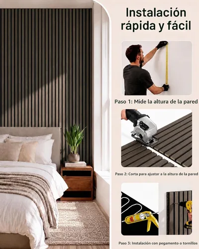 Vista 8 de Paneles de listones de madera acústica insonorizados, paquete de 4 Nogal oscuro