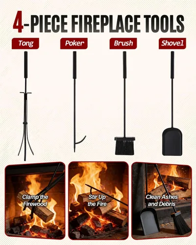 Vista 2 de Breeze Touch Estante de leña de 29 pulgadas con 4 herramientas para chimenea, soporte de troncos resistente de 5 piezas para chimenea