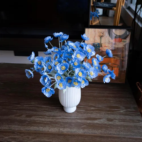 Vista 9 de DUYONE Flores artificiales 6 tallos ramo de seda de amapola, para boda, hogar, decoración de fiesta, arreglo de centro de mesa (azul)
