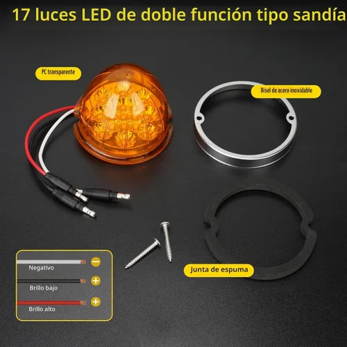 Vista 6 de 2 piezas de luces de sandía, luz de sandía LED de doble función de 17, lente ámbar con bisel de acero inoxidable, luces de señal de parada y giro