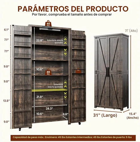 Vista 2 de NEWOWNDS - Armario de almacenamiento para manualidades de 72 pulgadas de alto con luces LED Marrón