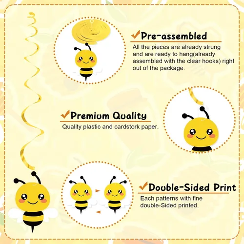 Vista 4 de 20 decoraciones de remolinos colgantes de abejorros, remolinos colgantes para fiesta de abejas, serpentinas de techo, suministros de fiesta temática