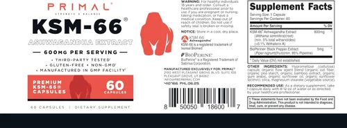 Vista 5 de Primal KSM-66 Ashwagandha Complex (60 cápsulas/60 porciones, 600 mg por porción) – Ashwagandha KSM-66 con extracto de pimienta negra, sin gluten