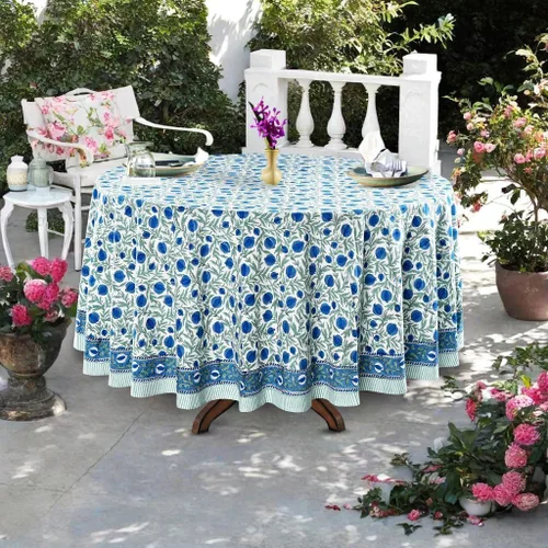 Vista 54 de Ridhi Mantel redondo estampado a mano color rosa flamenco 110 pulgadas 100%