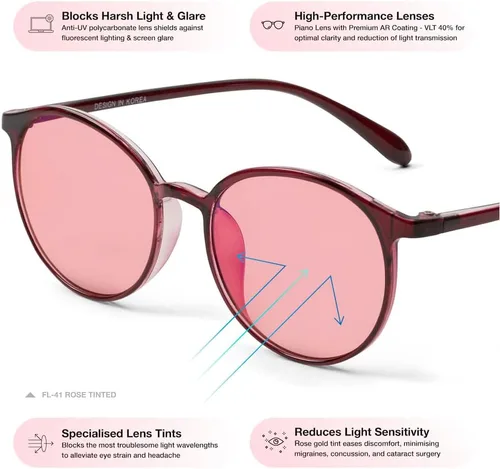 Vista 5 de BRADDEL Indoor FL-41 Rosa & Outdoor FL-60 Marrón Gafas de Migraña para Sensibilidad a la Luz Fluorescente, LED, Deslumbramiento, Fotofobia y Uso