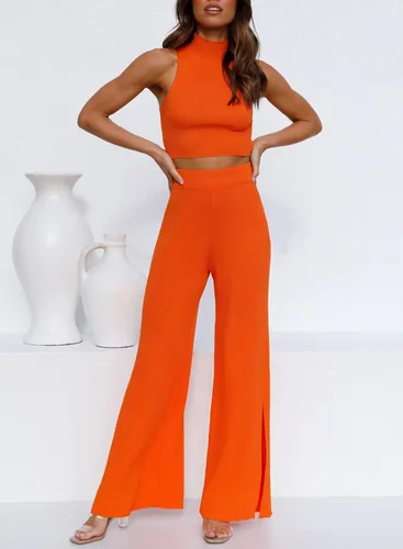 Vista 2 de ARTFREE Conjunto de 2 piezas para mujer, ropa de calle, pantalones palazzo de pierna ancha de punto acanalado y tops recortados