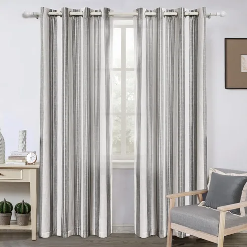 Vista 39 de DriftAway Cortinas de estilo granja con rayas verticales de lino mezclado texturizado con filtro de luz semitransparente para sala de estar
