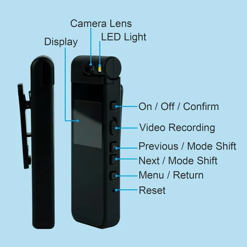 Vista 6 de Cámara de cuerpo pequeño 1440P HD Body Video Cam Pantalla de 1.3 "Tarjeta TF 64GB TF Clip de lente giratorio en el sombrero de bolsillo Casquillo