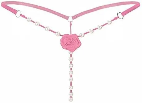 Vista 4 de Tanga con cuentas y parte trasera en T para mujer, con bordado de rosas y flores en forma de G