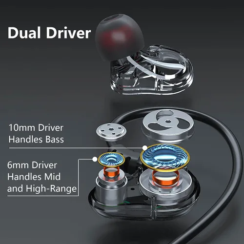 Vista 6 de Auriculares con cable de doble controlador de 0.138 in, auriculares enchufables Extra bass earbuds, wrap around over ear, hifi, microphone, hook