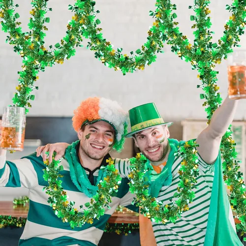 Vista 7 de Guirnalda decorativa de 33 pies para el día de San Patricio, guirnalda de oropel con sombrero de trébol verde dorado, guirnalda metálica brillante