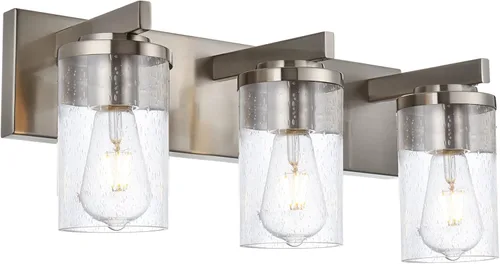 Vista 18 de BONLICHT Lámpara de pared de níquel cepillado de 2 luces con pantalla de cristal transparente, luces industriales de baño para interiores sobre