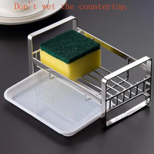 Vista 6 de Soporte para esponja de cocina, organizador de fregadero de cocina, bandeja para fregadero, soporte para jabón, acero inoxidable, plateado