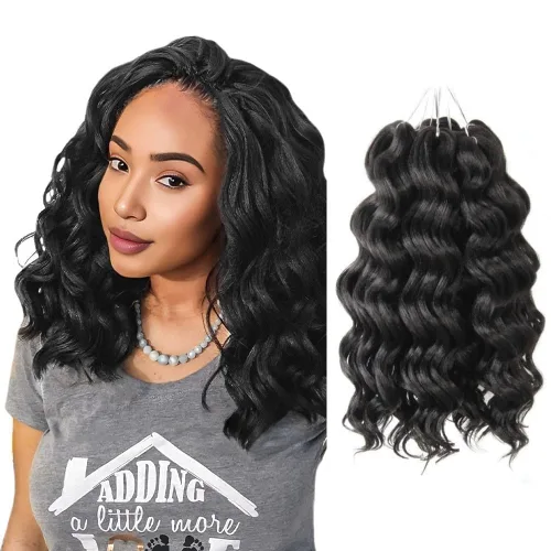 Vista 37 de Pelo de onda marina con trenzas de ganchillo, 6 pulgadas, 8 paquetes, trenzas rizadas suaves y profundas, extensiones de pelo sintético ondulado