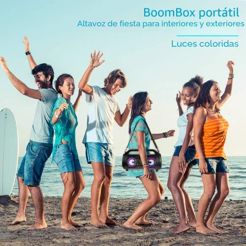 Vista 4 de Altavoz Bluetooth, Boombox Bluetooth portátil de 30 W con subwoofer, radio FM, luces coloridas RGB, ecualizador, sonido estéreo, graves potentes