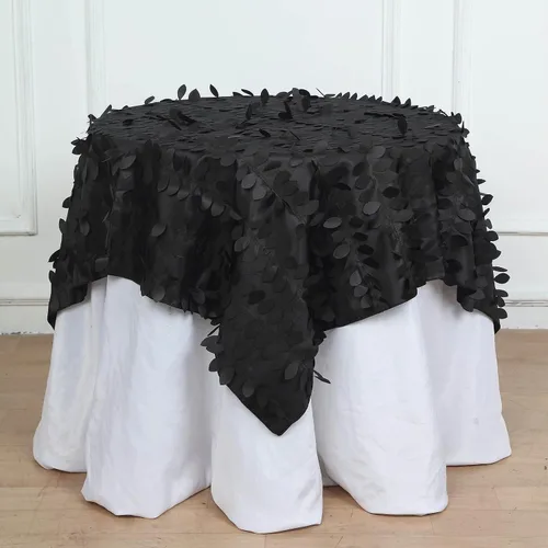 Vista 4 de TABLECLOTHSFACTORY - Mantel cuadrado de tela de tafetán de pétalos de hojas 3D de 54 pulgadas, color negro