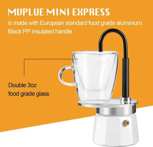Vista 4 de Mini Express Swiss Single Tube Moka Pot Aluminio Marfil Blanco, El juego Moka incluye una taza de doble pared de 3 onzas, disfruta de un delicioso