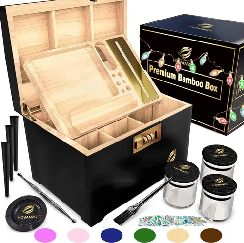 Vista 7 de HOVANZO Caja de almacenamiento grande de bambú premium con bandeja organizadora, caja de madera de almacenamiento y accesorios, caja decorativa