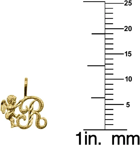 Vista 2 de Colgante de oro amarillo de 14k con letra inicial cursiva y querubín