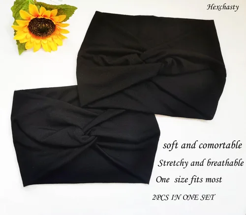Vista 7 de Hexchasty 2 diademas tipo turbante para mujer, gruesas, a la moda, bohemias, elásticas, bonitas, extra anchas, grandes, de tela anudada, de tela