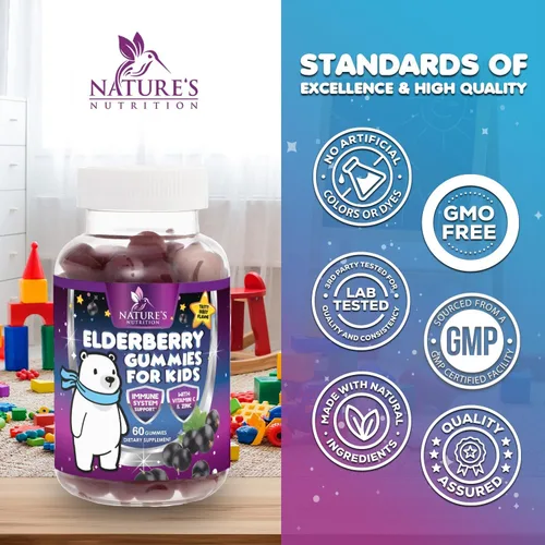 Vista 4 de Gomitas de saúco para apoyo inmunológico para niños, vitaminas C, zinc y apoyo para niños, suplemento de saúco Nature's Sambucus vegano, sin gluten