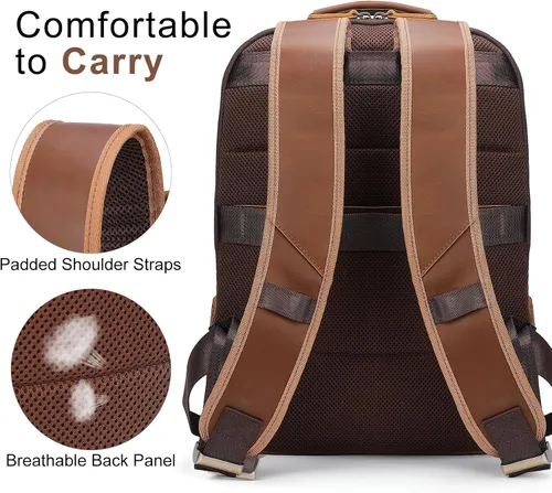 Vista 8 de TIDING Mochila de cuero para hombre para laptop de 16 pulgadas y 15.6 pulgadas, bolsa de trabajo vintage de viaje de negocios, mochila grande