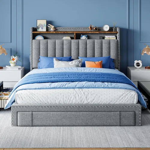 Vista 11 de EnHomee Marco de cama Full tapizada con 3 cajones de almacenamiento, cabecera de almacenamiento de 2 niveles, marco de cama de plataforma con Beige