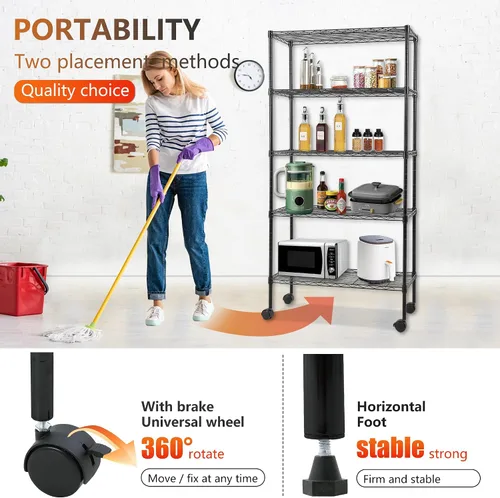 Vista 7 de FDW Estante de metal ajustable de 5 niveles con ruedas, capacidad de 250 libras, fácil montaje, ideal para espacios pequeños Negro