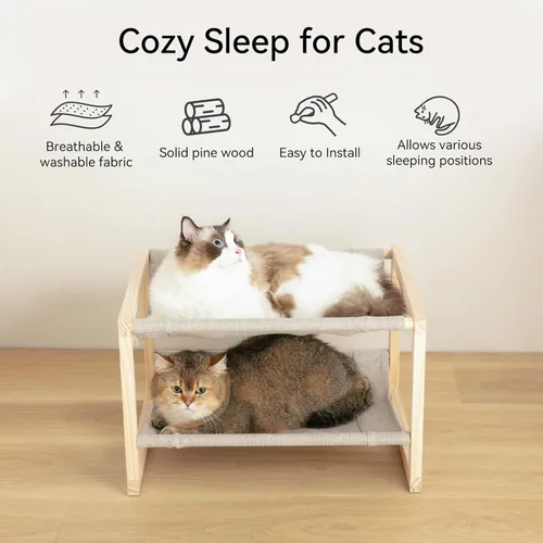 Vista 2 de Cama para gatos, hamaca de madera de doble capa para interiores y exteriores, cama elevada para perros pequeños, hecha de materiales naturales