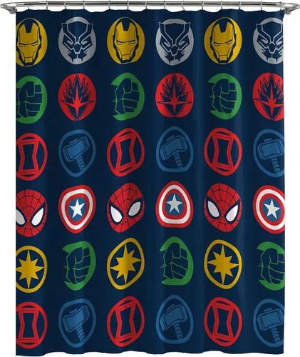 Vista 2 de Jay Franco Marvel Avengers Shields - Juego de baño de 14 piezas, incluye cortina de ducha, 12 ganchos y alfombra de baño antideslizante, tela