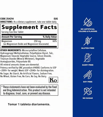 Vista 5 de GNC Magnesio 250 mg, mineral esencial, apoyo muscular, 90 tabletas