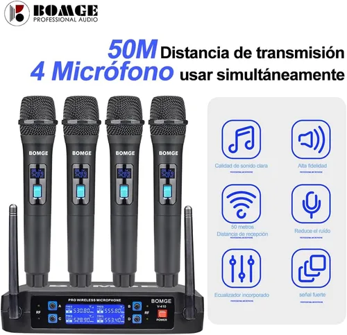 Vista 3 de BOMGE Sistema de micrófono inalámbrico, juego de micrófono inalámbrico Pro de 4 canales con cuatro micrófonos de mano, frecuencia fija, largo